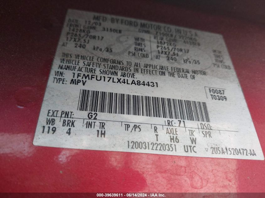 2004 Ford Expedition Eddie Bauer VIN: 1FMFU17LX4LA84431 Lot: 39639611