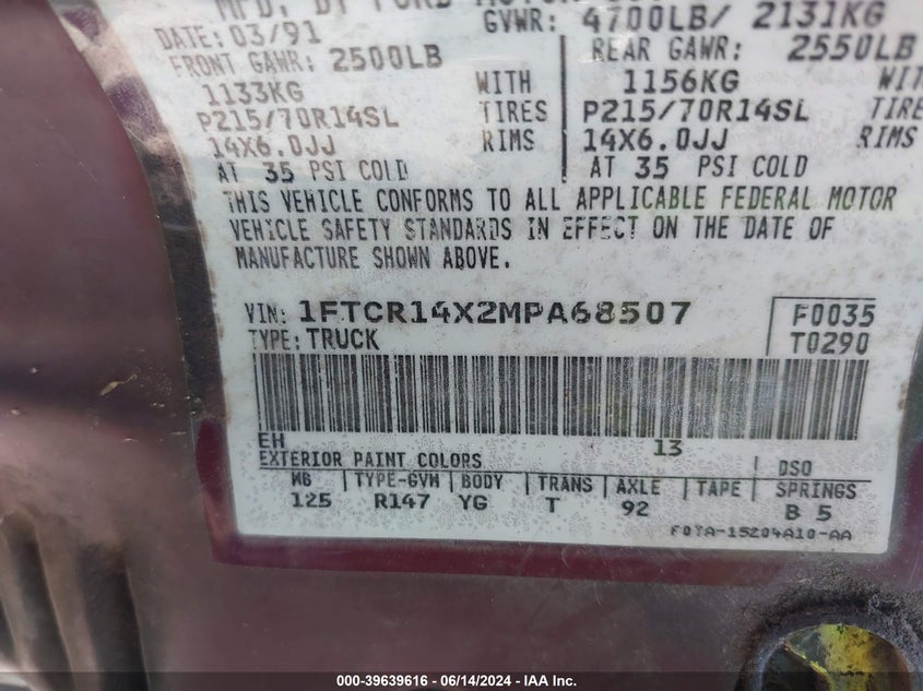 1991 Ford Ranger Super Cab VIN: 1FTCR14X2MPA68507 Lot: 39639616