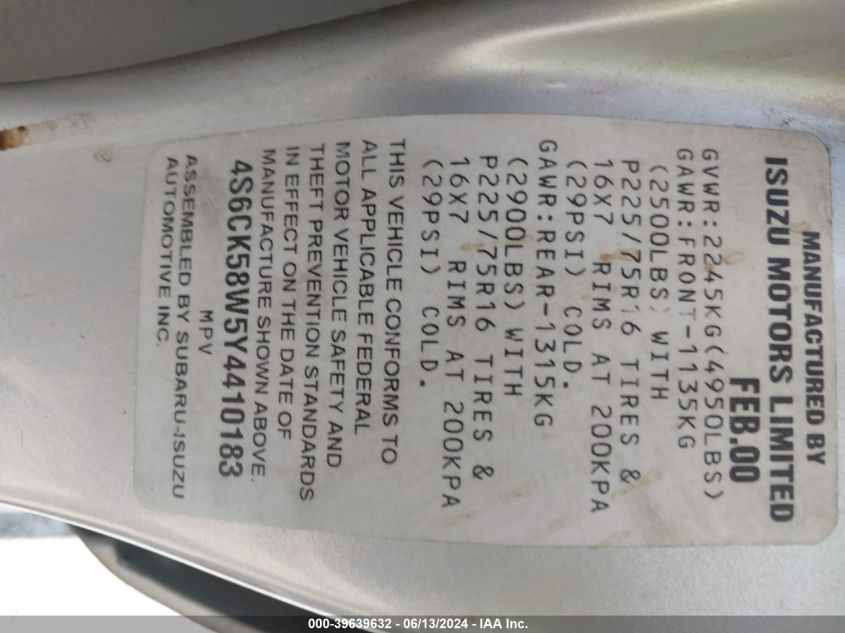 2000 Honda Passport Ex/Lx VIN: 4S6CK58W5Y4410183 Lot: 39639632