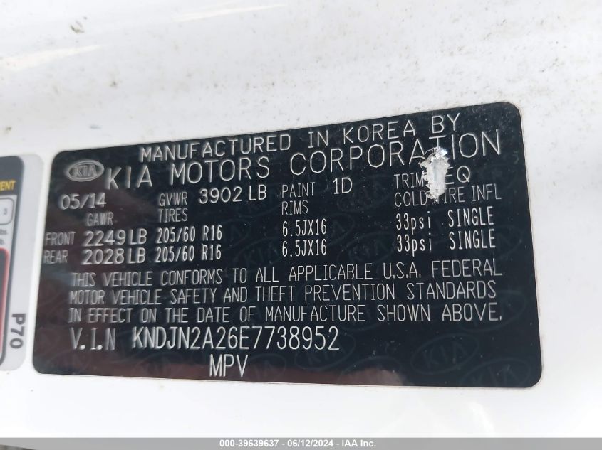 2014 Kia Soul VIN: KNDJN2A26E7738952 Lot: 39639637