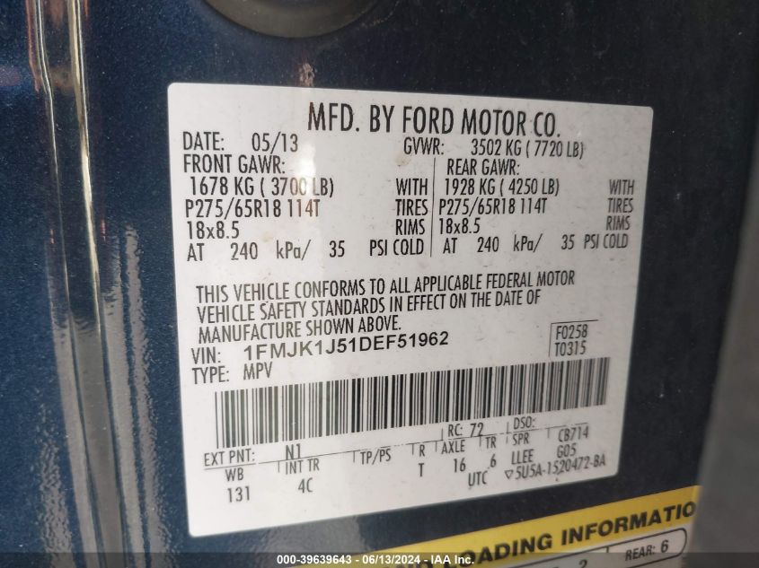 2013 Ford Expedition El Xlt VIN: 1FMJK1J51DEF51962 Lot: 39639643