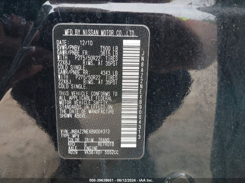 2011 Infiniti Qx56 VIN: JN8AZ2NEXB9004313 Lot: 39639651