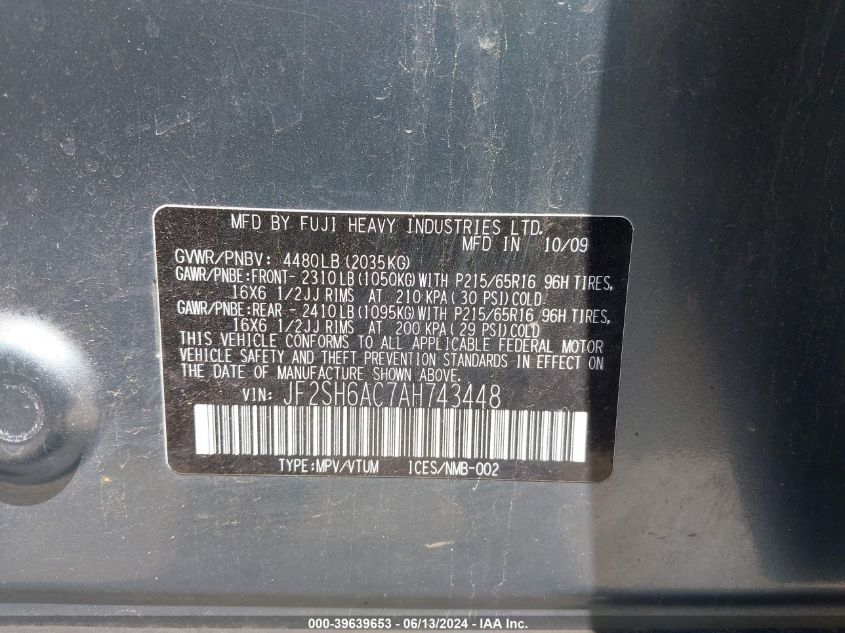 2010 Subaru Forester 2.5X VIN: JF2SH6AC7AH743448 Lot: 39639653