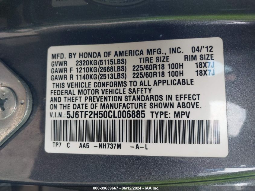 2012 Honda Crosstour Ex-L VIN: 5J6TF2H50CL006885 Lot: 39639667