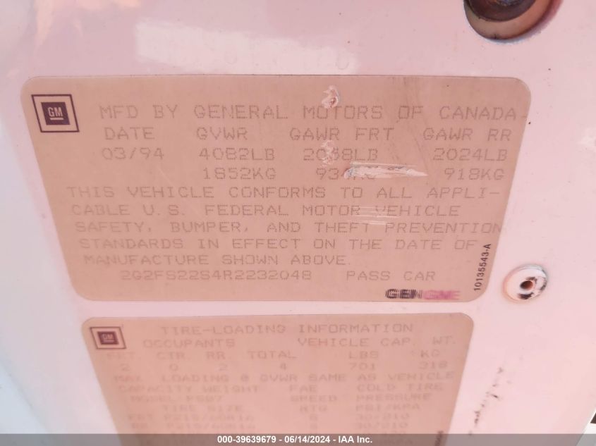 1994 Pontiac Firebird VIN: 2G2FS22S4R2232048 Lot: 39639679