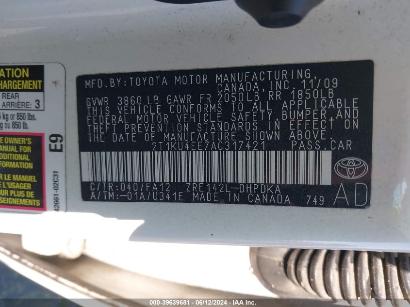 2010 Toyota Matrix VIN: 2T1KU4EE7AC317421 Lot: 39639681