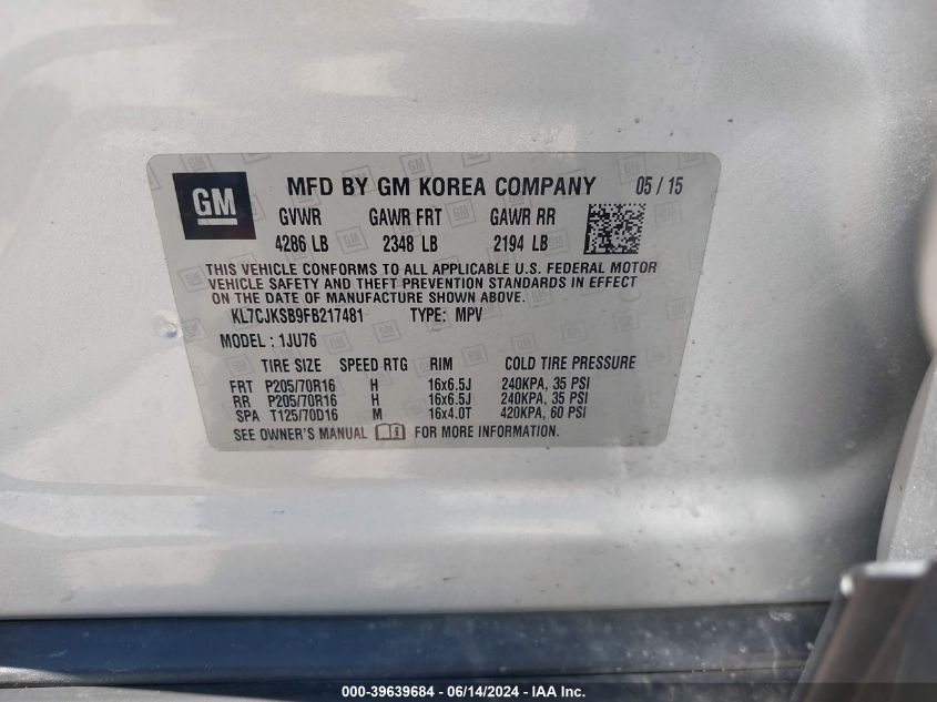 2015 Chevrolet Trax 1Ls VIN: KL7CJKSB9FB217481 Lot: 39639684