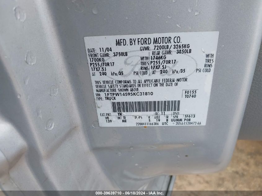 2005 Ford F-150 VIN: 1FTPW14595KC31810 Lot: 39639710