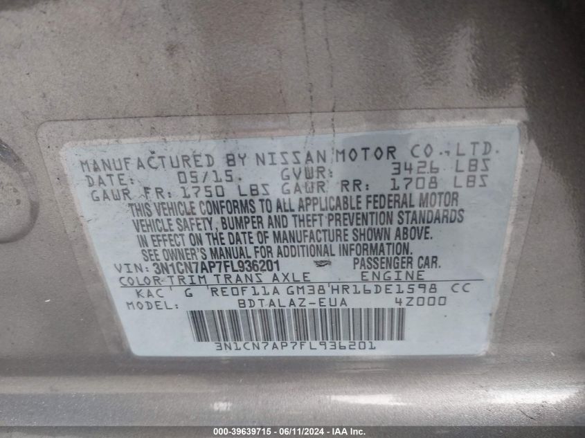 2015 Nissan Versa 1.6 S+ VIN: 3N1CN7AP7FL936201 Lot: 39639715