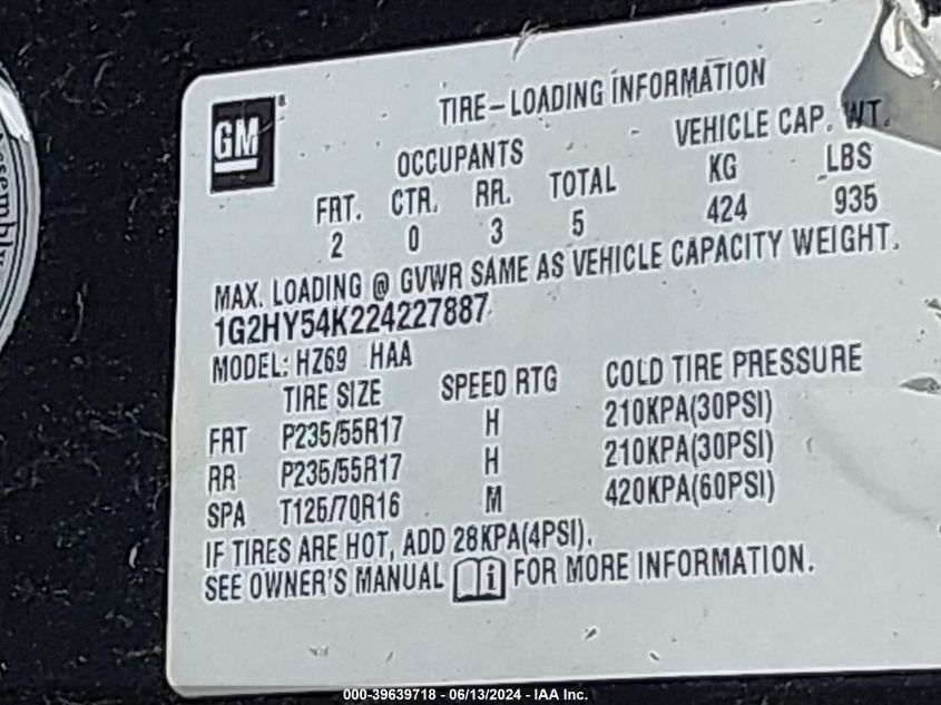 2002 Pontiac Bonneville Sle VIN: 1G2HY54K224227887 Lot: 39639718