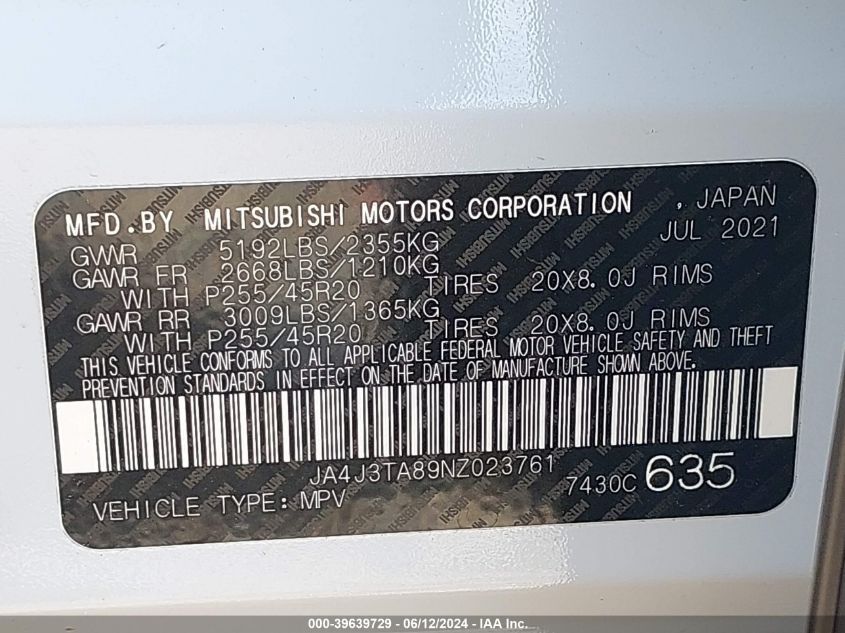 2022 Mitsubishi Outlander Es 2.5 2Wd VIN: JA4J3TA89NZ023761 Lot: 39639729