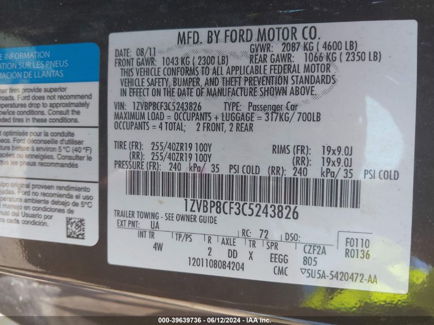 2012 Ford Mustang Gt Premium VIN: 1ZVBP8CF3C5243826 Lot: 39639736