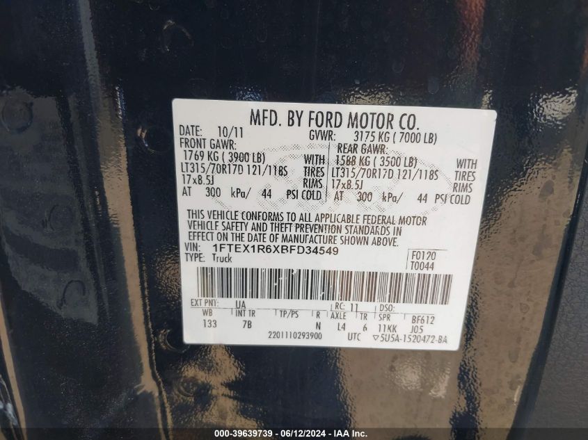 2011 Ford F-150 Svt Raptor VIN: 1FTEX1R6XBFD34549 Lot: 39639739