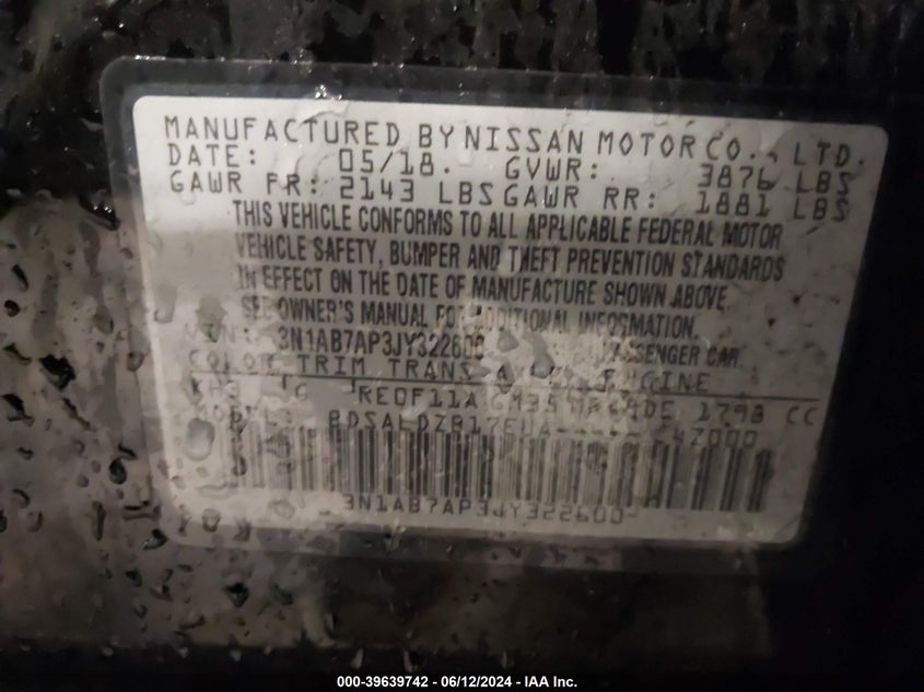2018 Nissan Sentra Sv VIN: 3N1AB7AP3JY322600 Lot: 39639742