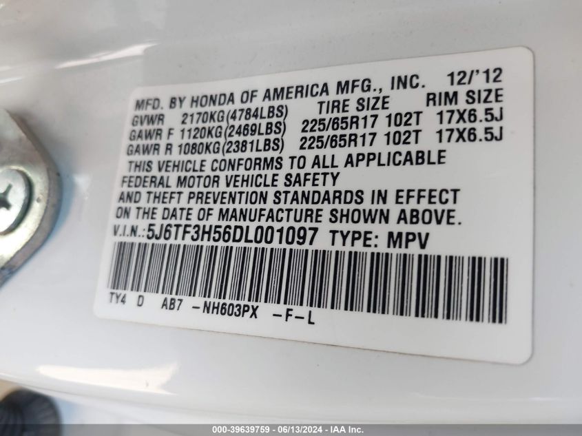 2013 Honda Crosstour Ex-L VIN: 5J6TF3H56DL001097 Lot: 39639759