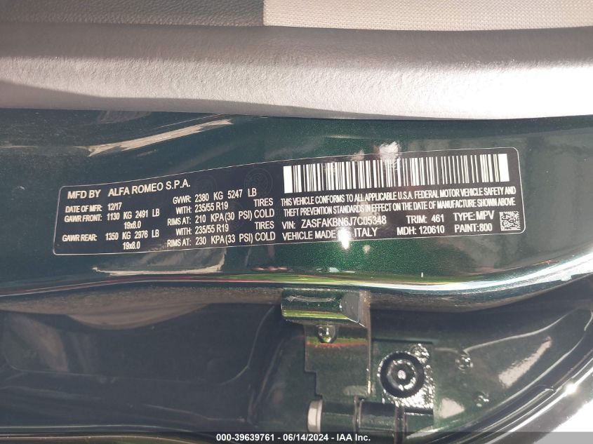 2018 Alfa Romeo Stelvio Ti Awd VIN: ZASFAKBN6J7C05348 Lot: 39639761