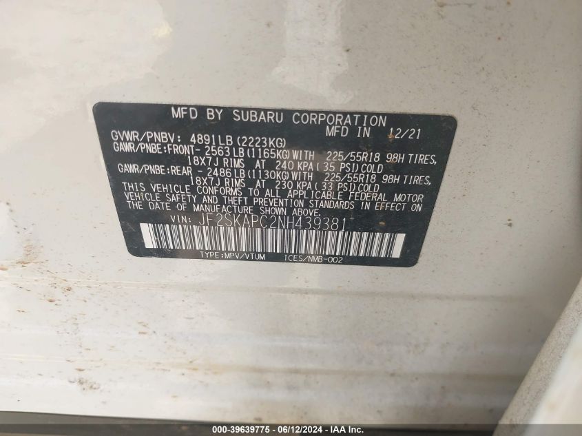2022 Subaru Forester Limited VIN: JF2SKAPC2NH439381 Lot: 39639775