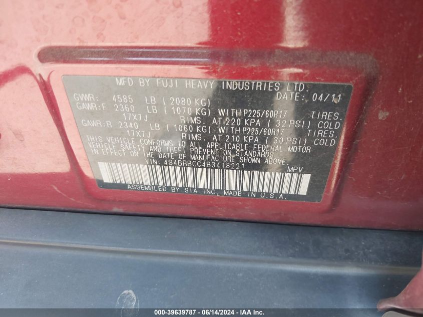 2011 Subaru Outback 2.5I Premium VIN: 4S4BRBCC4B3418221 Lot: 39639787