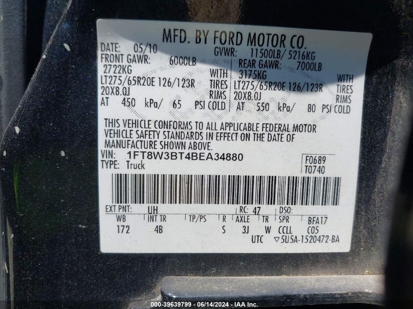 2011 Ford F-350 Lariat VIN: 1FT8W3BT4BEA34880 Lot: 39639799