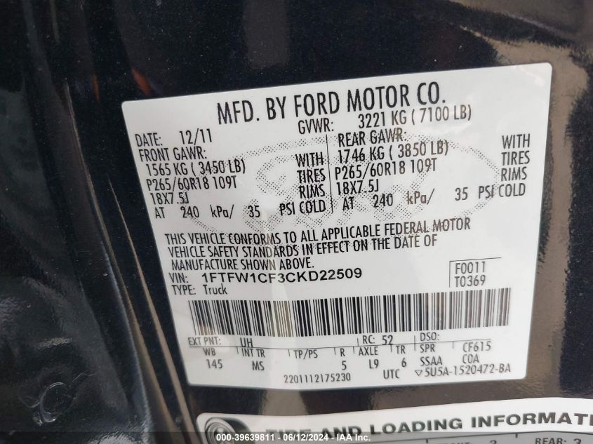 2012 Ford F-150 Xlt VIN: 1FTFW1CF3CKD22509 Lot: 39639811