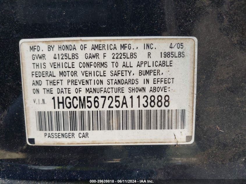 2005 Honda Accord 2.4 Ex VIN: 1HGCM56725A113888 Lot: 39639818