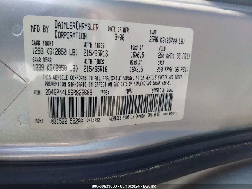 2006 Dodge Grand Caravan Sxt VIN: 2D4GP44L96R822609 Lot: 39639830