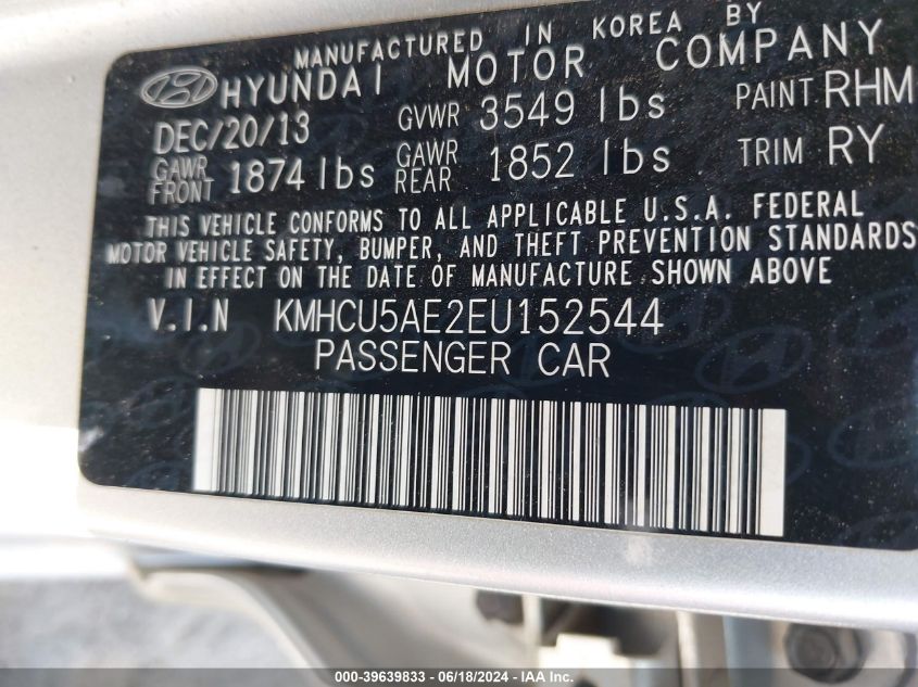 2014 Hyundai Accent Se VIN: KMHCU5AE2EU152544 Lot: 39639833