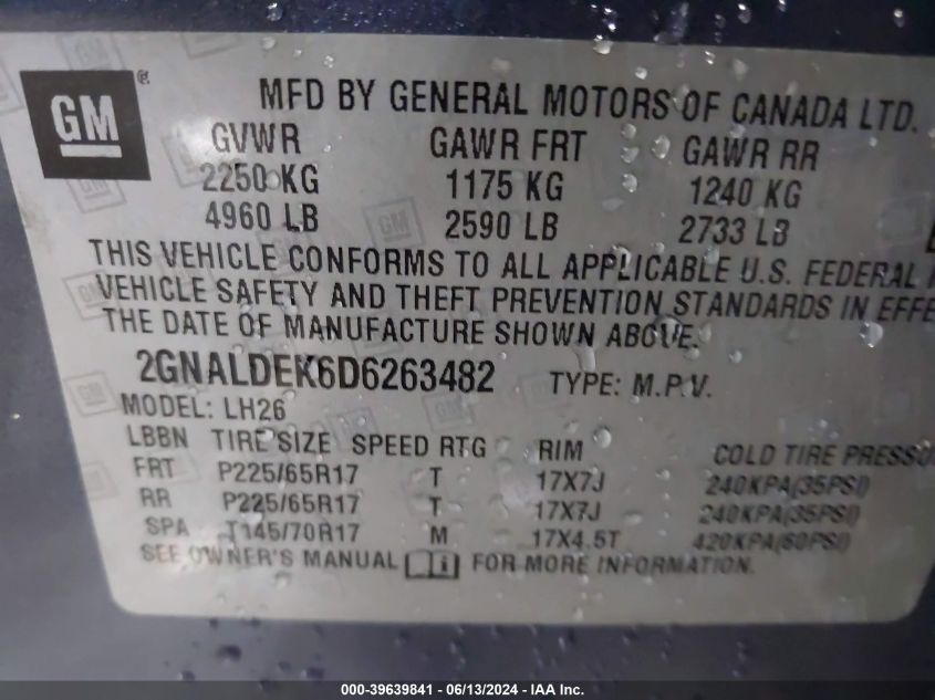 2013 Chevrolet Equinox 1Lt VIN: 2GNALDEK6D6263482 Lot: 39639841