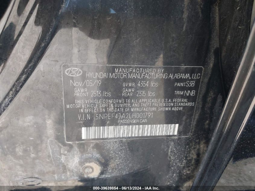 2020 Hyundai Sonata Sel VIN: 5NPEF4JA2LH001791 Lot: 39639854