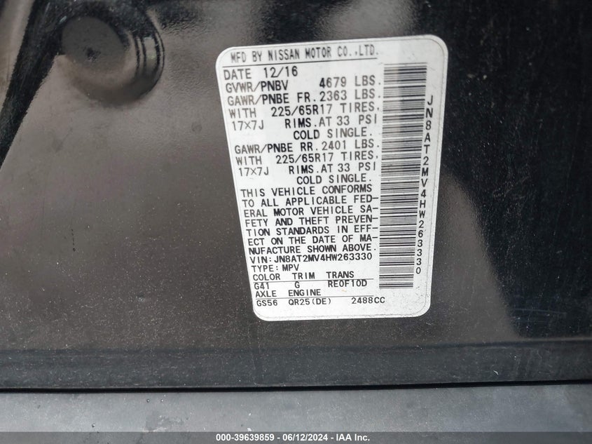 2017 Nissan Rogue S/Sl/Sv VIN: JN8AT2MV4HW263330 Lot: 39639859