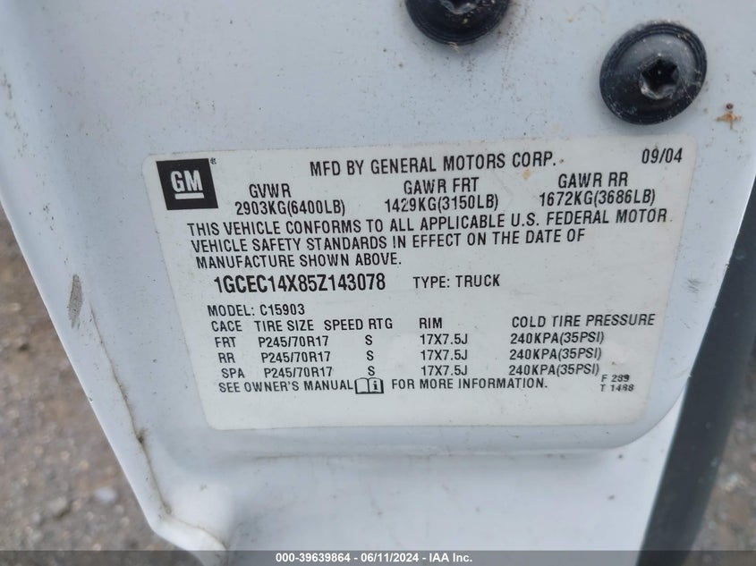 2005 Chevrolet Silverado 1500 Work Truck VIN: 1GCEC14X85Z143078 Lot: 39639864
