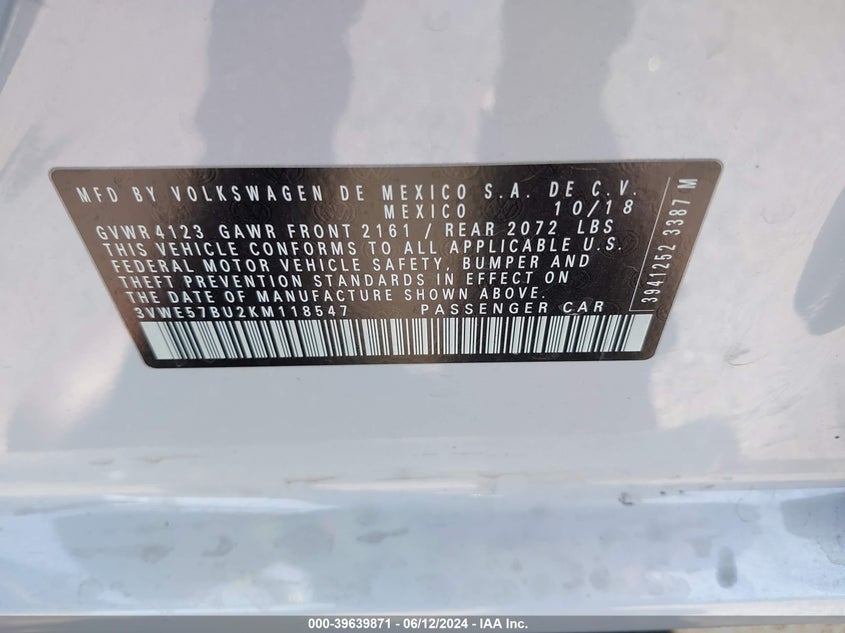 2019 Volkswagen Jetta 1.4T Sel VIN: 3VWE57BU2KM118547 Lot: 39639871