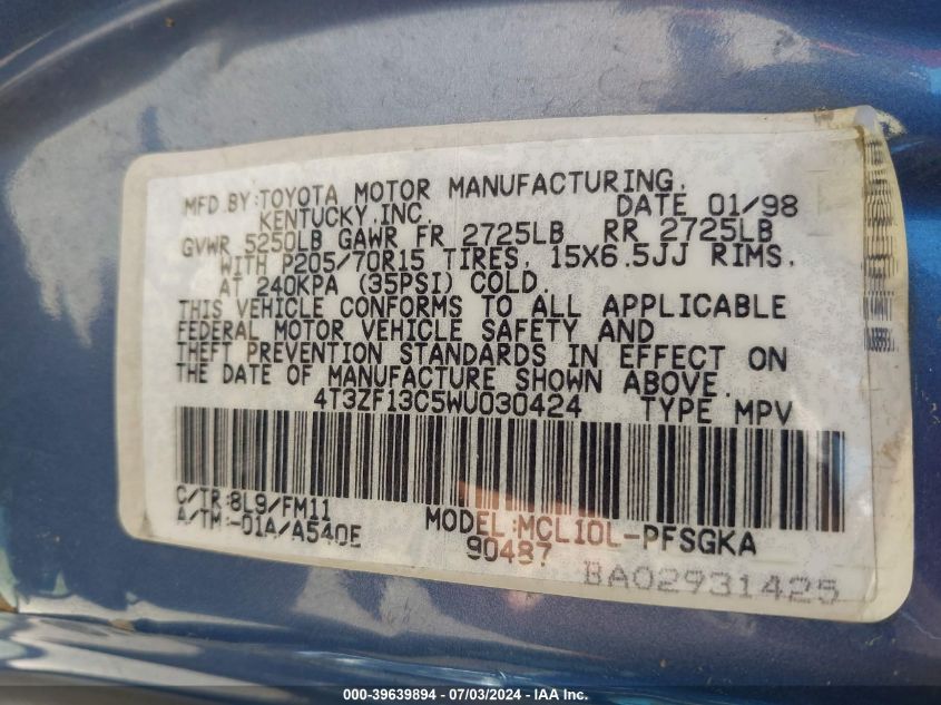 1998 Toyota Sienna Le/Xle VIN: 4T3ZF13C5WU030424 Lot: 39639894