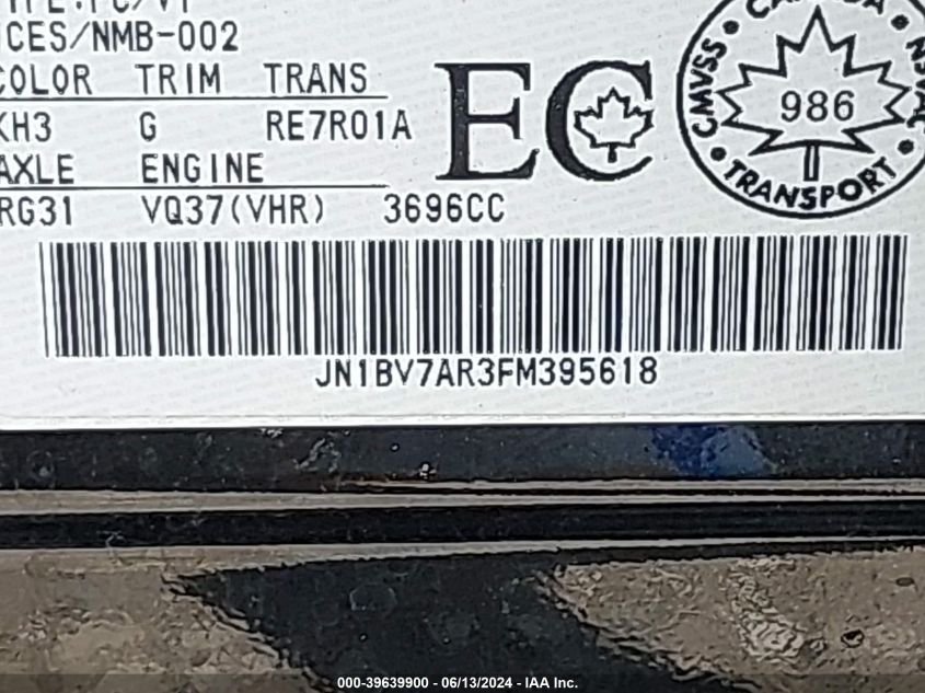 2015 Infiniti Q50 Premium/Sport VIN: JN1BV7AR3FM395618 Lot: 39639900