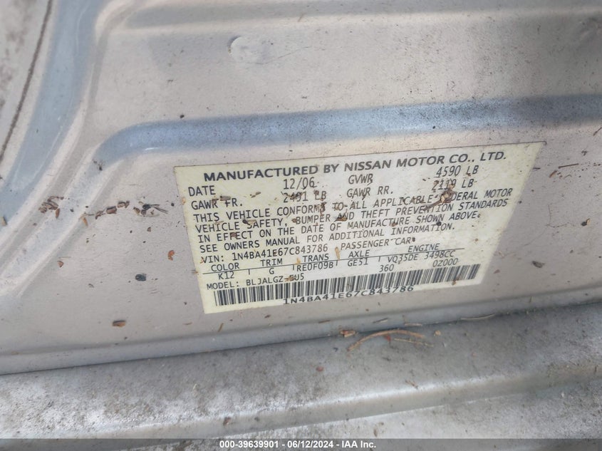 2007 Nissan Maxima 3.5 Sl VIN: 1N4BA41E67C843786 Lot: 39639901