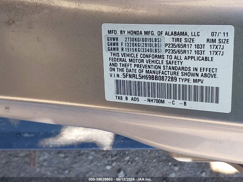 2011 Honda Odyssey Ex-L VIN: 5FNRL5H69BB087289 Lot: 39639903