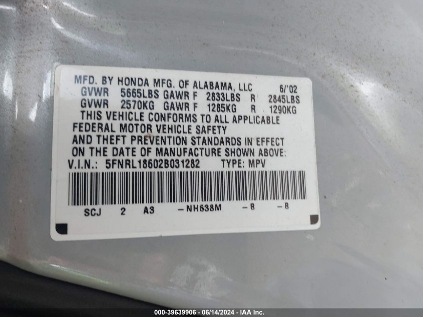 2002 Honda Odyssey Ex VIN: 5FNRL18602B031282 Lot: 39639906