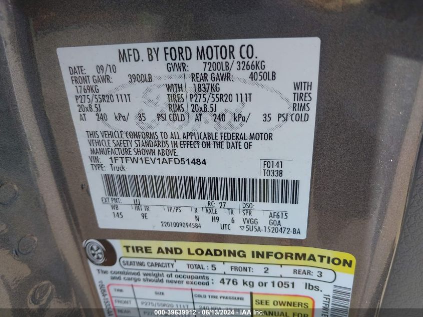 2010 Ford F-150 Fx4/Harley-Davidson/King Ranch/Lariat/Platinum/Xl/Xlt VIN: 1FTFW1EV1AFD51484 Lot: 39639912