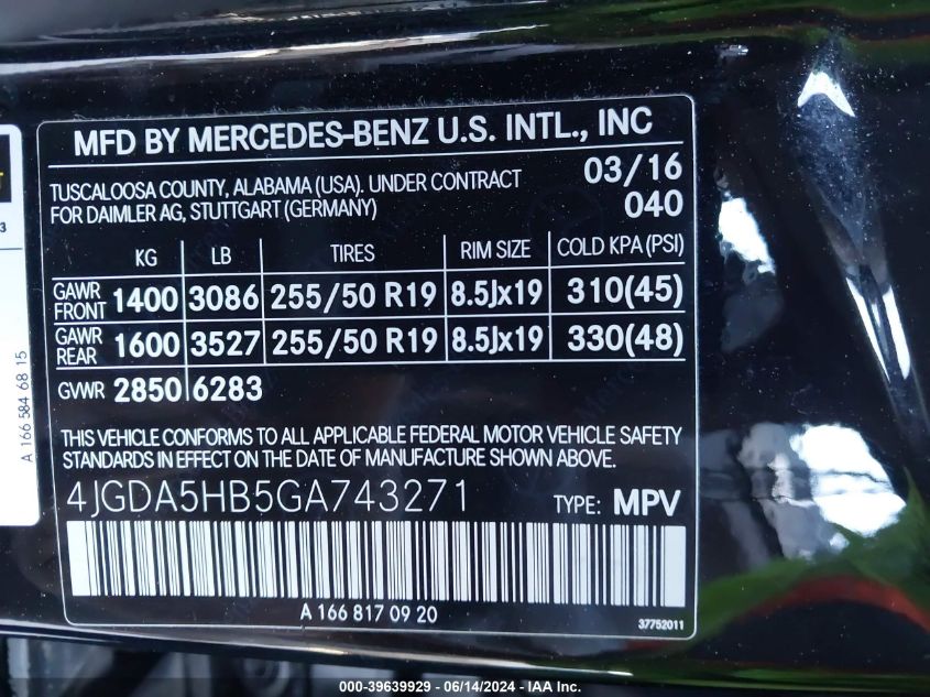 2016 Mercedes-Benz Gle 350 4Matic VIN: 4JGDA5HB5GA743271 Lot: 39639929