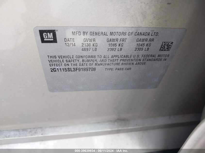 2015 Chevrolet Impala 1Lt VIN: 2G1115SL3F9189708 Lot: 39639934