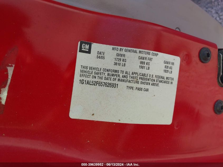 2005 Chevrolet Cobalt Ls VIN: 1G1AL52F657626931 Lot: 39639952