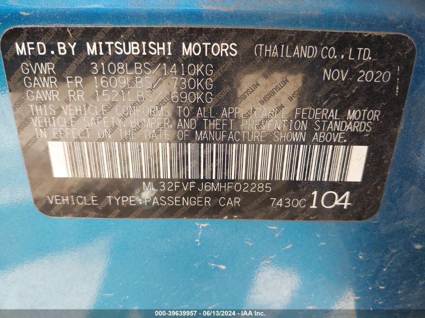 2021 Mitsubishi Mirage G4 Se VIN: ML32FVFJ6MHF02285 Lot: 39639957