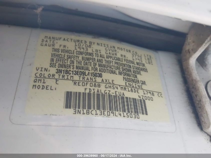 2009 Nissan Versa 1.8Sl VIN: 3N1BC13E09L415030 Lot: 39639960