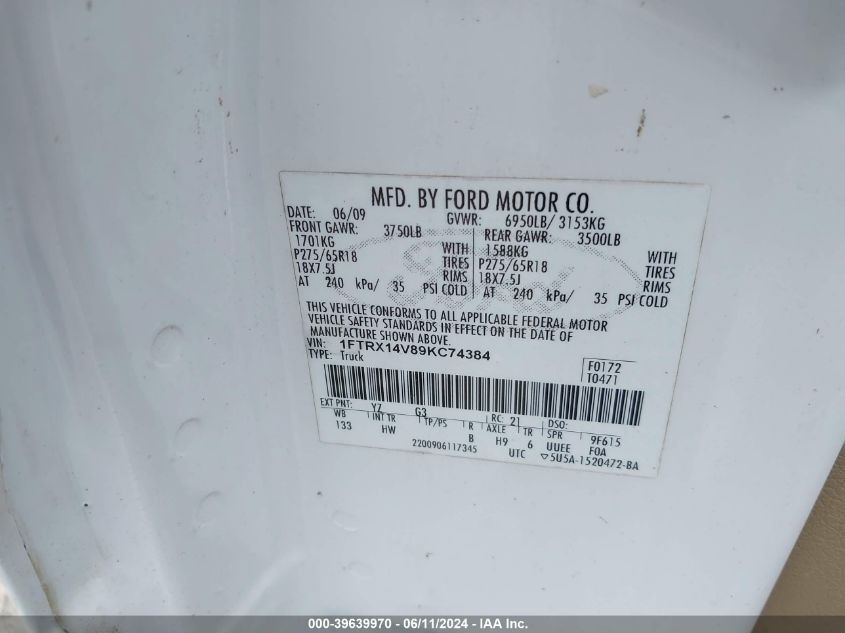 2009 Ford F-150 Fx4/Lariat/Xlt VIN: 1FTRX14V89KC74384 Lot: 39639970