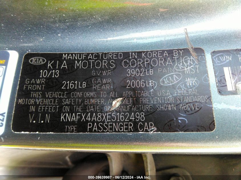 2014 Kia Forte Ex VIN: KNAFX4A8XE5162498 Lot: 39639987