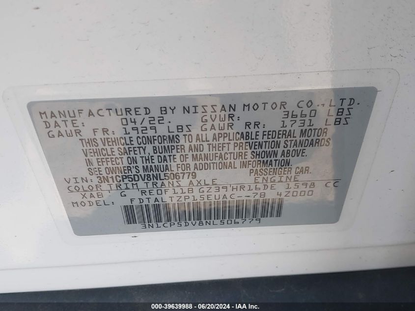 2022 NISSAN KICKS SR XTRONIC CVT - 3N1CP5DV8NL506779