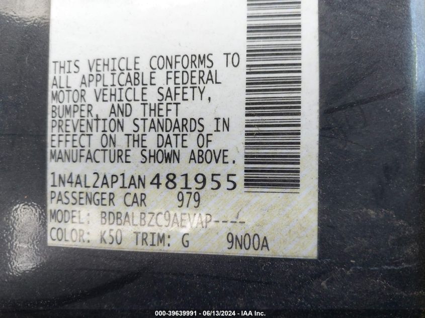 2010 Nissan Altima 2.5 S VIN: 1N4AL2AP1AN481955 Lot: 39639991