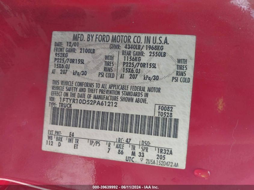 2002 Ford Ranger Xl/Xlt VIN: 1FTYR10D52PA61212 Lot: 39639992