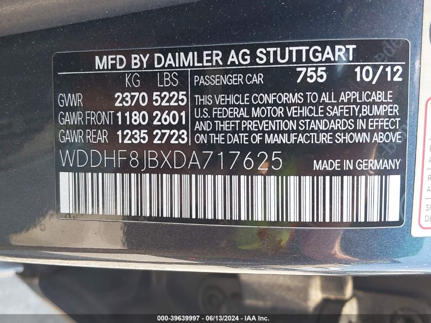 2013 Mercedes-Benz E 350 4Matic VIN: WDDHF8JBXDA717625 Lot: 39639997