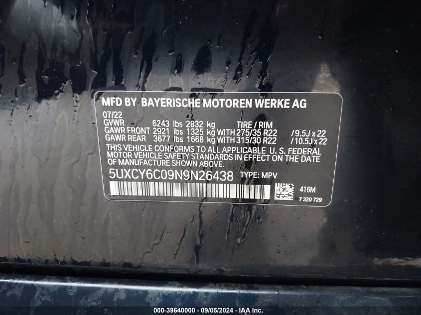 5UXCY6C09N9N26438 2022 BMW X6 xDrive40I